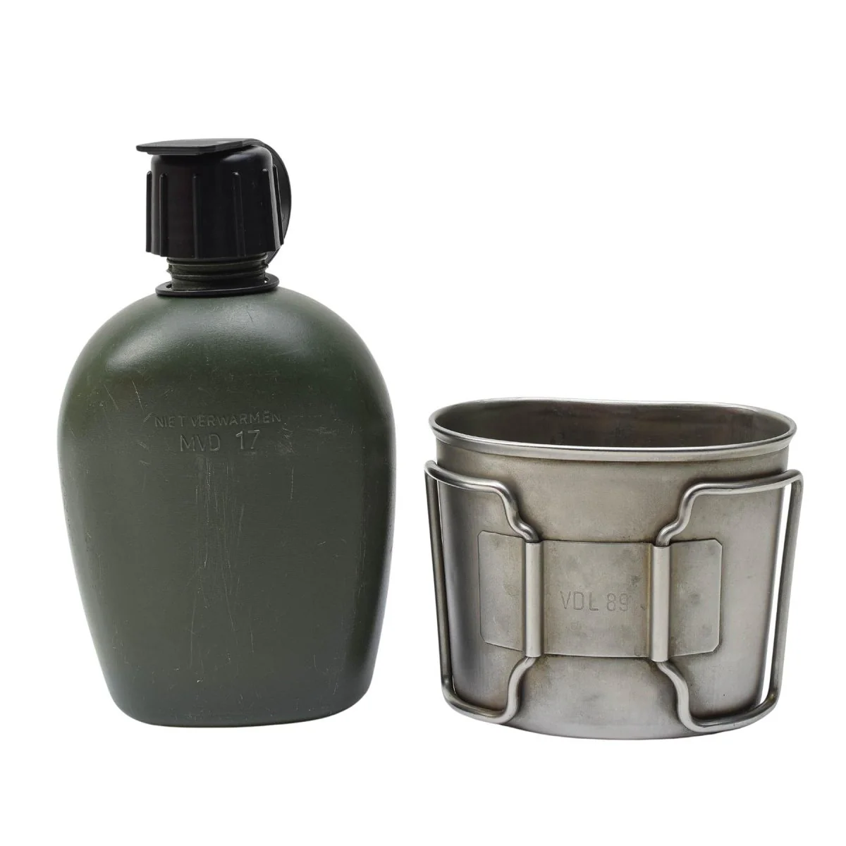 Genuine Dutch Army Canteen w pouch and stainless steel cup Lid cap Alice Clips - immagine 5